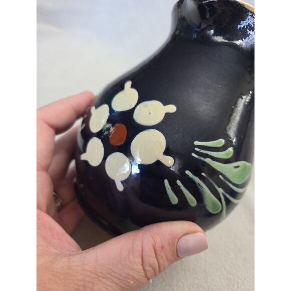 Vintage French Dark Blue Pottery Milk Pitcher Floral Vase Blue White - Picture 8 of 11